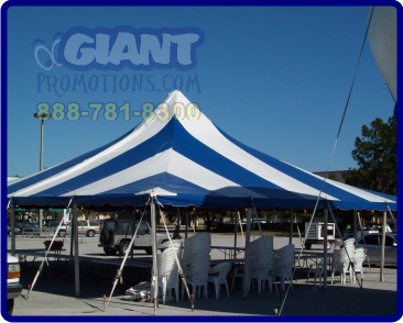 Blue and white high peak tent