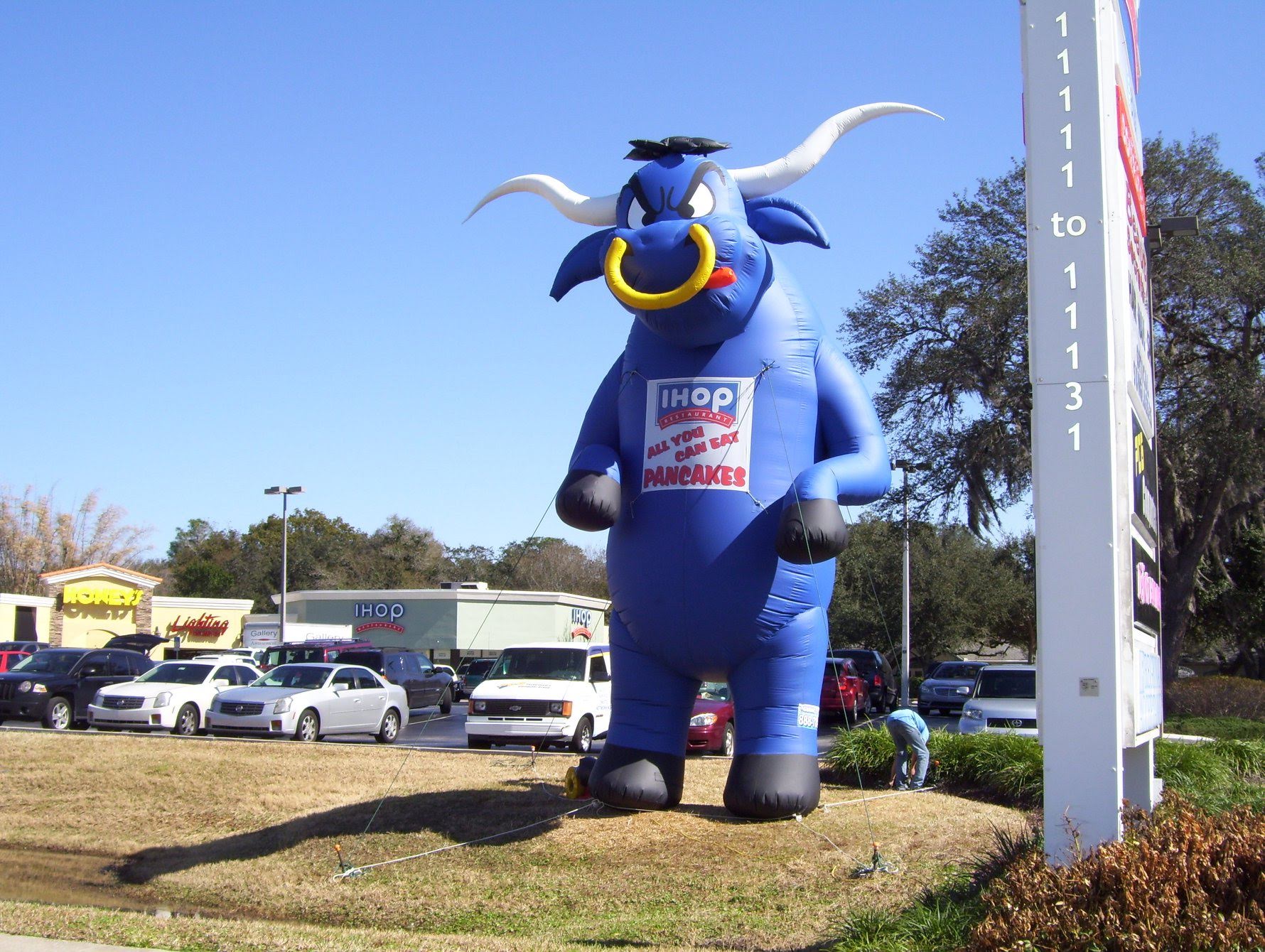 Custom banner on inflatable bull rental by Giant Promotions - perfect for events.